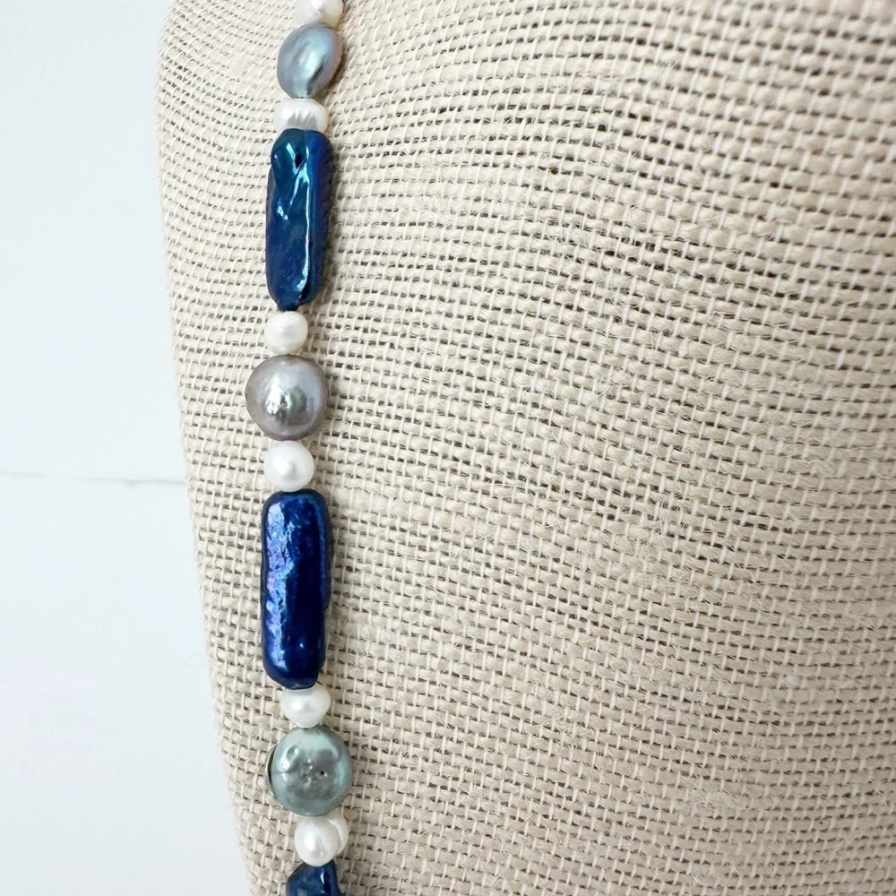 NWT Genuine Blue Pearls, Gray Pearls & White Pearls Necklace Beaded - Picture 2 of 6